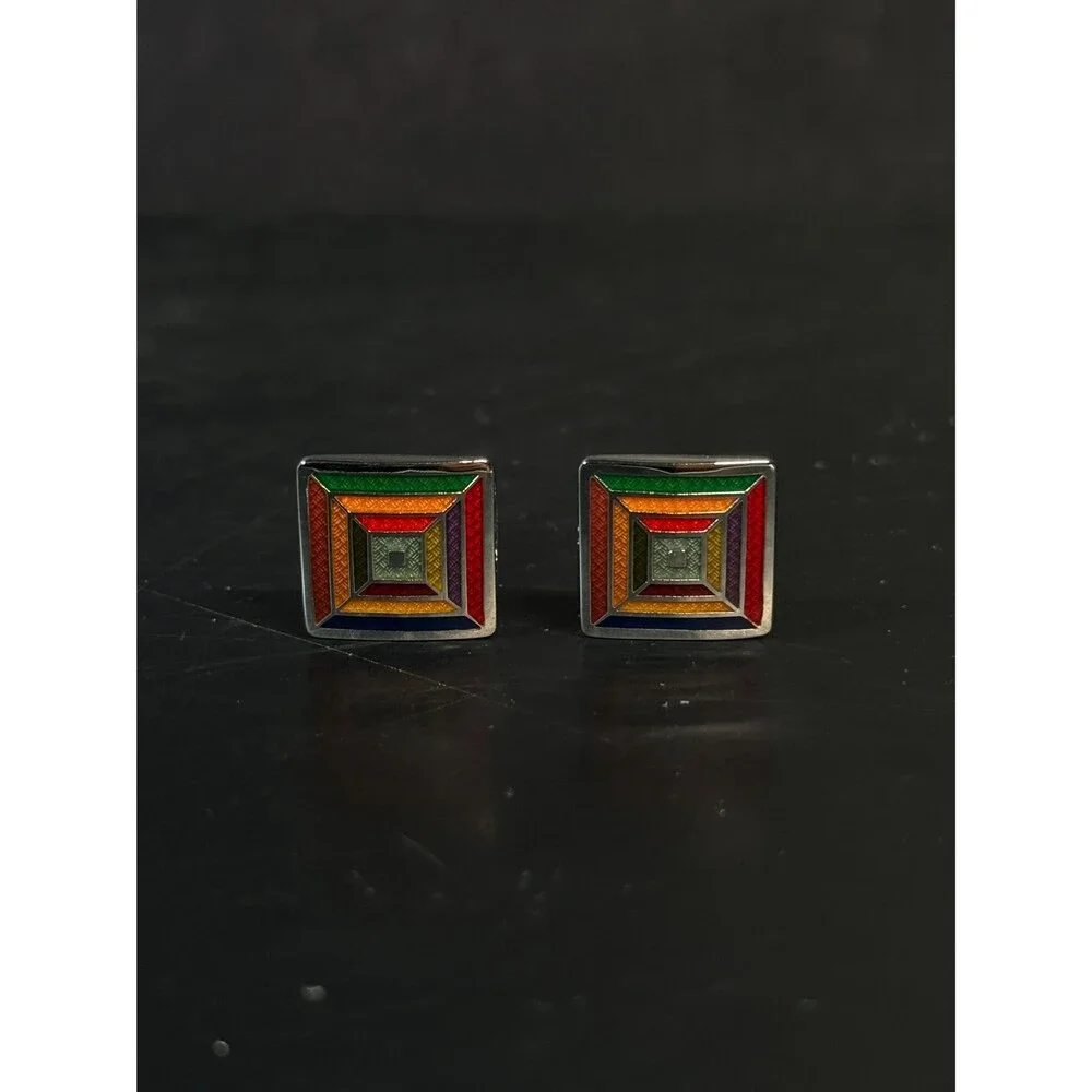 Sterling Silver Multicolor Enamel Mosaic Cuff Links